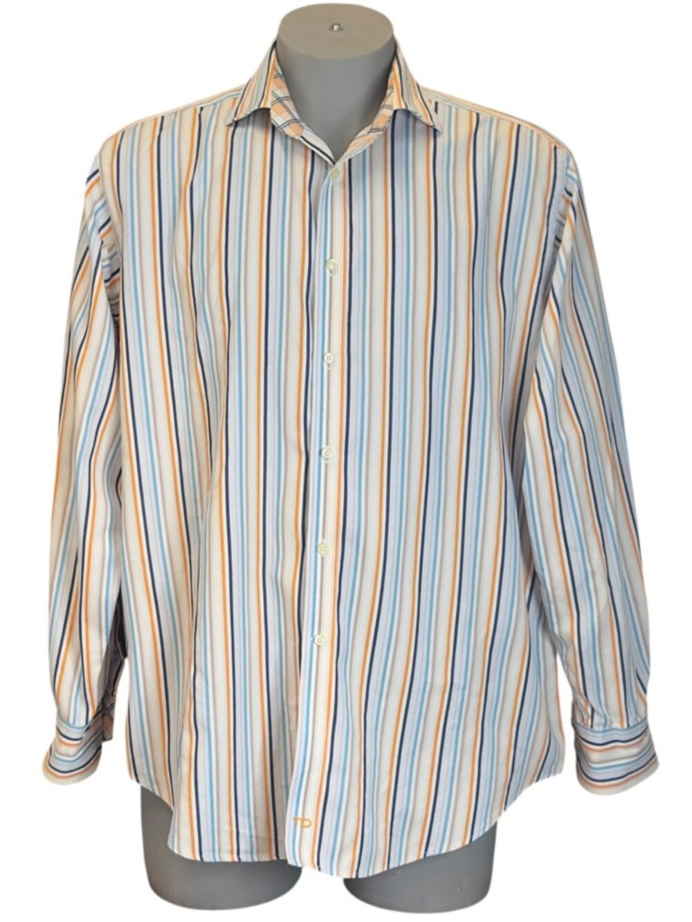 Thomas Dean Mens XL Multicolor Striped Button Front Dress Shirt Long Sleeve Cott